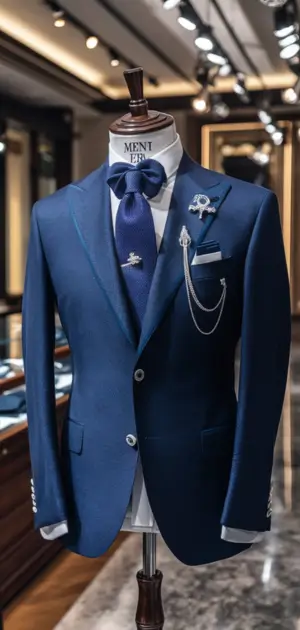 Navy suit paired with a gray tie and silver accessories displayed in a luxury boutique
