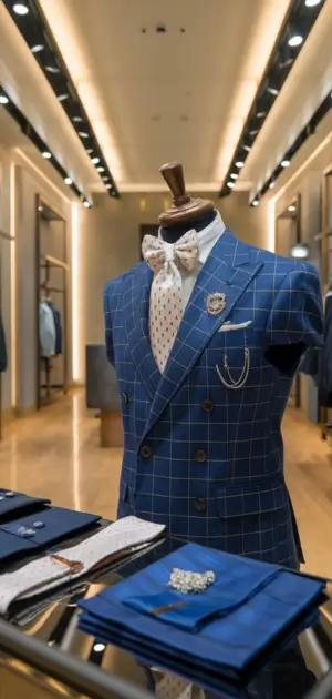 Double-breasted navy suit with blue tie and silver buttons in a showroom