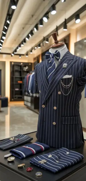 Double-breasted pinstripe suit with striped tie and elegant pocket square.