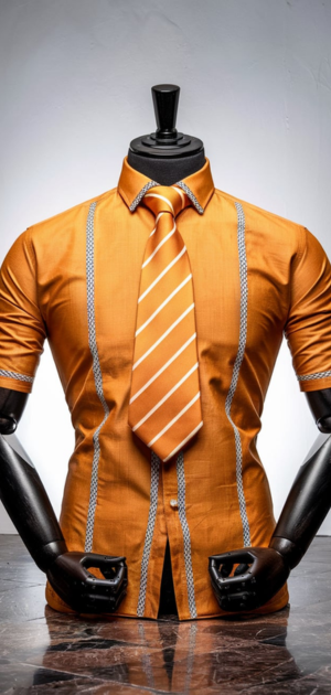Mannequin displaying orange summer formal shirt with striped tie