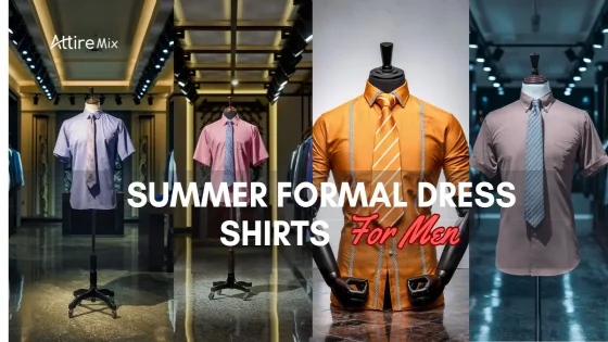 Display of summer formal dress shirts for men in various colors and styles