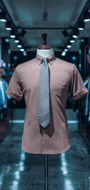 Beige summer formal shirt with a patterned tie on a mannequin
