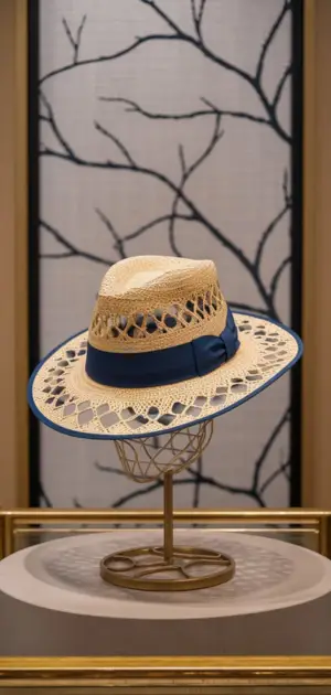 Summer hat with blue ribbon on display