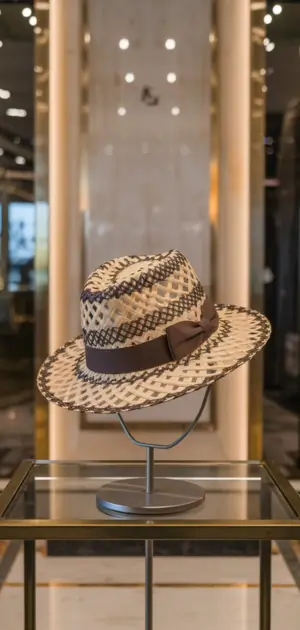 Patterned straw hat on glass display stand