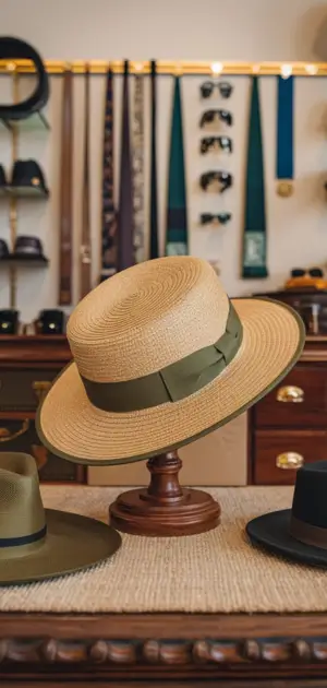 Straw hat with green ribbon on a wooden stand
