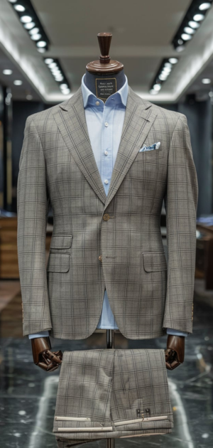 Gray checkered formal suit displayed on a mannequin with matching trousers.