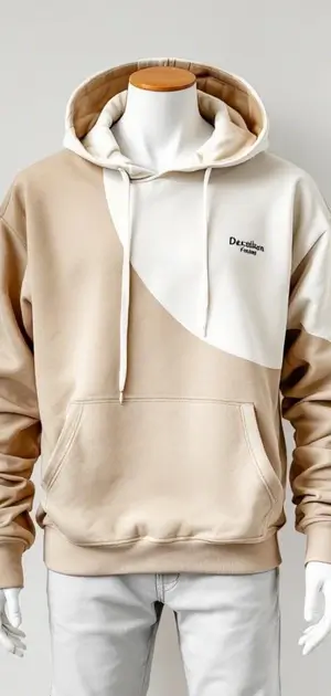 Beige and white color-block hoodie with minimal text on the chest