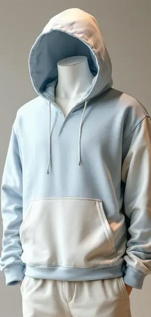 Light blue hoodie with white front pocket and drawstrings.