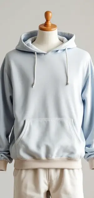 Light blue hoodie with white drawstrings and beige hem