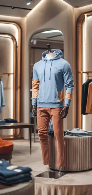 Light blue hoodie with orange accents on a mannequin