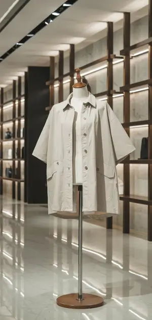 Beige summer jacket with multiple buttons.
