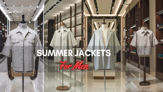Four mannequins displaying summer jackets for men