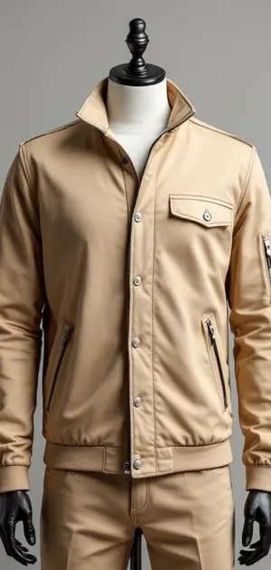 Beige summer jacket with zip pockets and snap-button collar