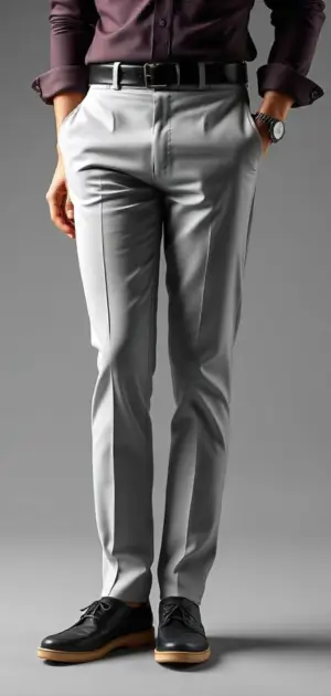 Man in light grey summer pants with a dark maroon shirt