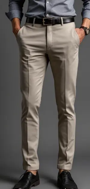 Man wearing beige summer pants with a blue dress shirt.