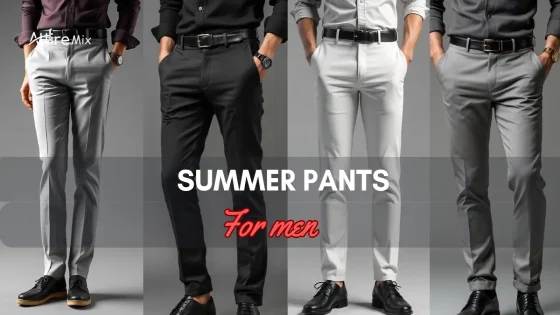 Four men wearing stylish Summer Pants For men in different neutral colors