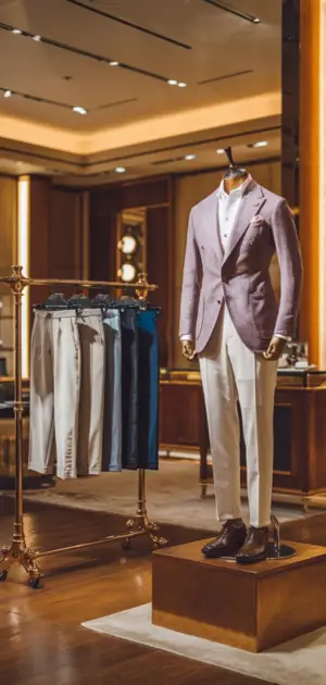 pink blazer paired with white pants and a rack of formal trousers in a luxury store