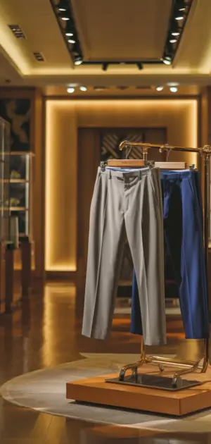 Grey and blue formal trousers on a rack in a boutique setting