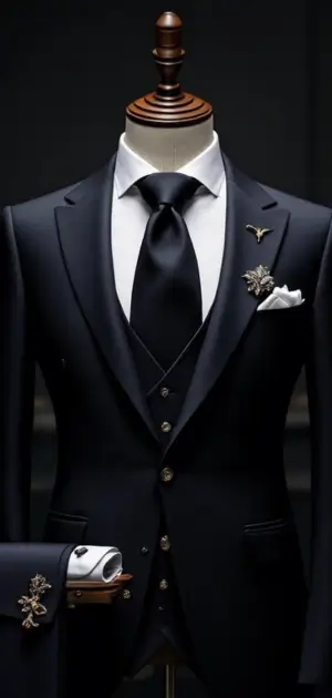 Black tailored suit with a waistcoat, black tie, and silver accessories