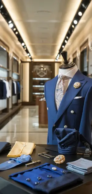 Navy single-breasted suit with yellow tie and lapel chain in a boutique setting