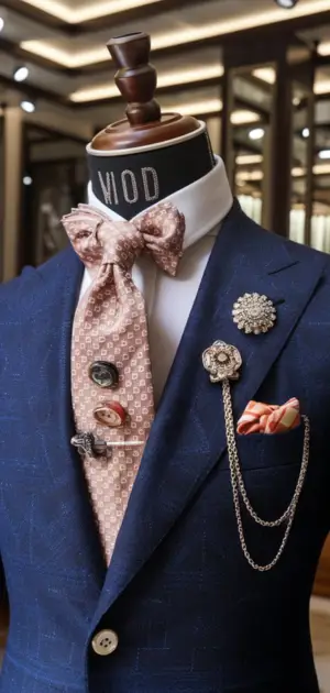 Navy suit with a pink patterned tie, bow tie, floral lapel pins, and chain accessory.