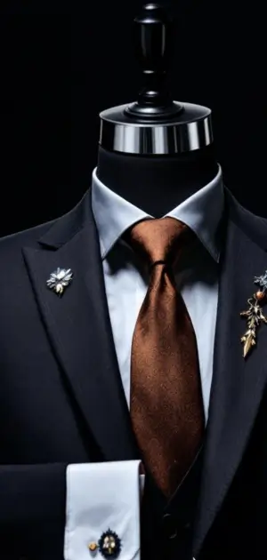Black suit with a brown satin tie and intricate silver brooches