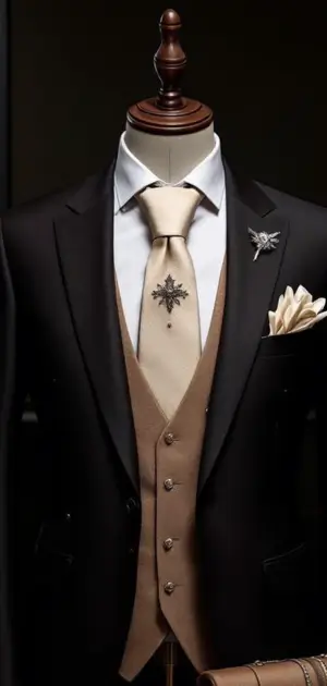 Black suit with a beige vest and tie, accessorized with silver brooches