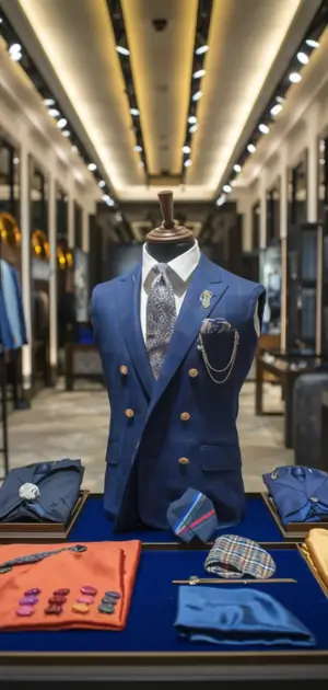 Double-breasted blue suit with a paisley tie and gold accessories in a modern store.
