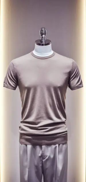 Beige casual T-shirt displayed on a mannequin in a modern store setting