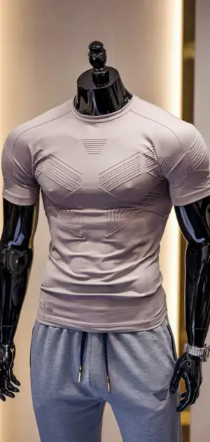 Beige t-shirt with geometric stitching paired with gray joggers.