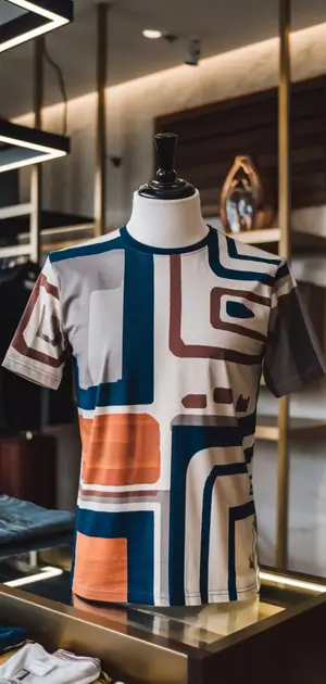 Mannequin displaying a multicolor abstract design T-shirt