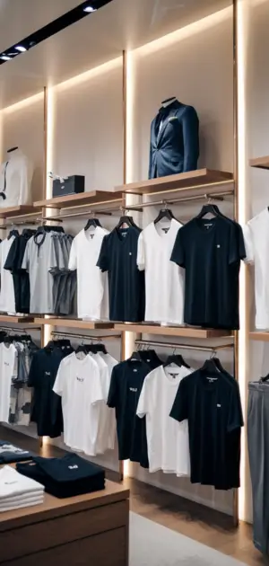 Men's classic T-shirts arranged neatly on shelves in a modern store display