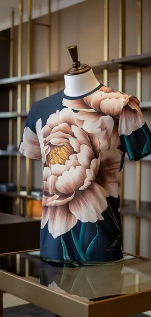 Soft pink floral print T-shirt on mannequin