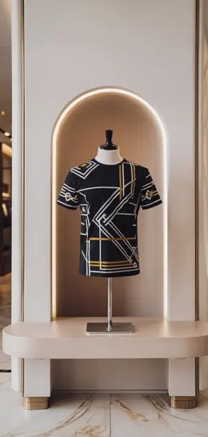 Black and white geometric pattern T-shirt on display
