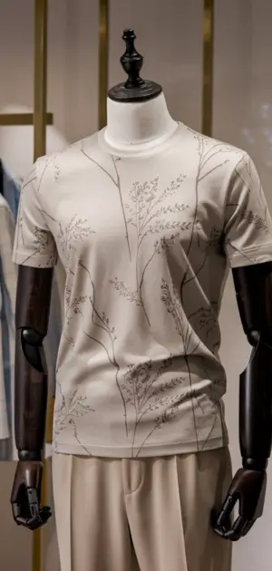 Floral-patterned summer T-shirt for men styled with beige trousers.