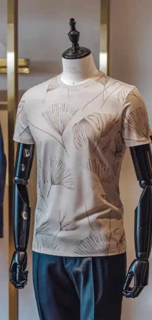 Beige t-shirt with abstract floral patterns and a crew neck