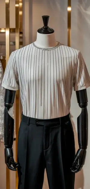White wedding T-shirt with bold vertical pinstripe patterns.
