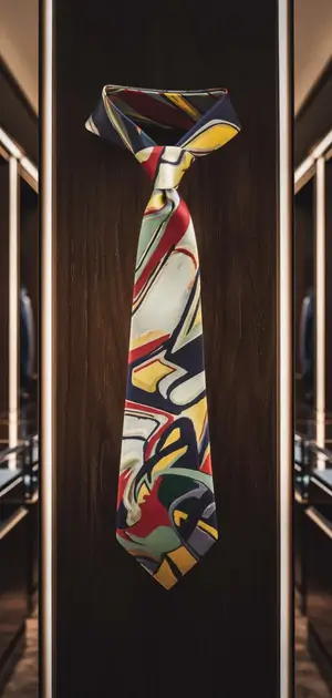 Colorful abstract tie displayed in a wooden showcase