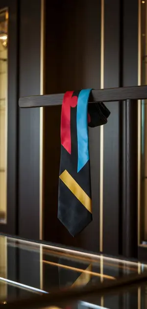 Colorful geometric patterned tie showcased