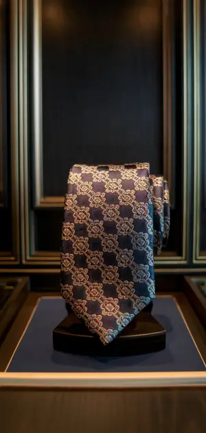 Classic tie featuring a dark floral design.