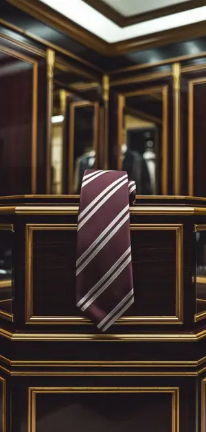 Red and white striped tie hanging on a modern display rack.