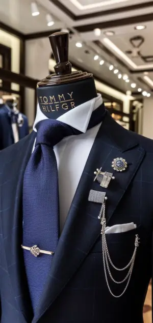 Navy checkered suit with blue tie, lapel pin, and silver chain accessory