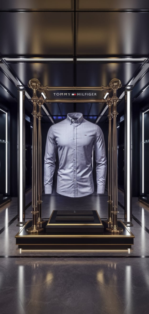 Tommy Hilfiger shirt in an ornate retail display with golden frames