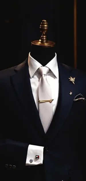 Navy suit with a white tie and gold tie bar