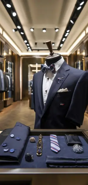 Navy suit with striped tie, pocket square, and subtle Tommy Hilfiger branding