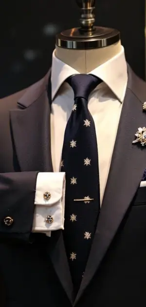 Navy suit with star-patterned tie and silver cufflinks