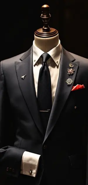 Black suit with a black tie and red pocket square