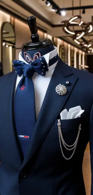 Navy suit with polka-dot bow tie, blue tie, and chain accessory on display.