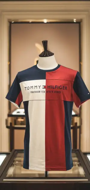 Red and blue paneled Tommy Hilfiger t-shirt on display