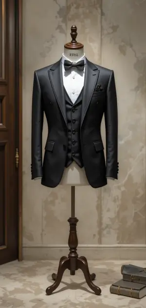 Black formal tuxedo with bow tie, white shirt, and waistcoat on tailoring mannequin.